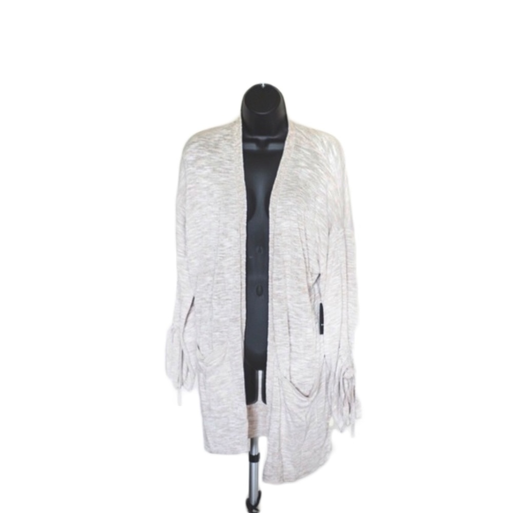 NWT trouve rouched-sleeve heathered taupe cardigan